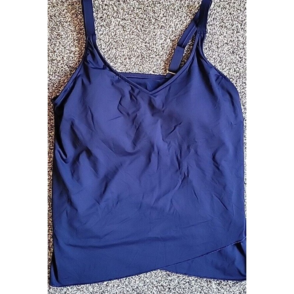 Lands End L V-Neck Navy Swim Top Women's 14-16 Solid Wide Straps Tulip Hem S89